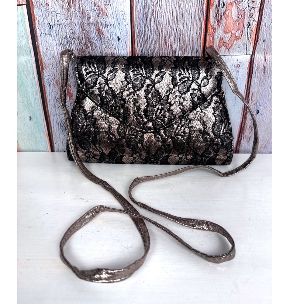 Neiman Marcus Vintage Black Lace Metallic Bronze Crossbody Evening Bag Clutch
